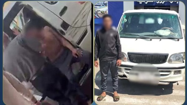 صورة للسائق المتهم بعد القبض عليه ومشهد من واقعة التعدي في الشرقية